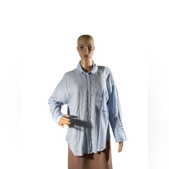 Zara Women's Size Large Linen Blue Button Down Long Sleeves Shirt Blouse - Picture 1 of 16